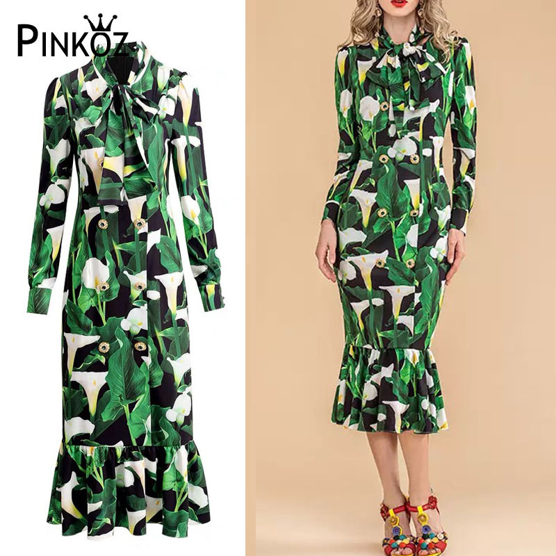 vintageslim bodycon green flower printed crystal buttons double breasted mini ruffles bow collar dress party women robe 210421