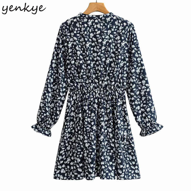 YENKYE Vintage Floral Print Dress Women Lace Up V Neck Long Sleeve Elastic Waist A-line Casual Dress Plus Size Summer Vestido 210515