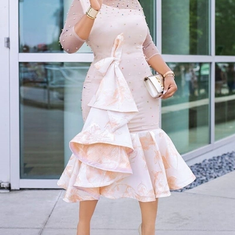 Long African Dress Sexy Nail Beaded Mesh Sleeve Ruffles Robe Vetement Femme Daily Evening Party Dress African Dresses For Women 210408