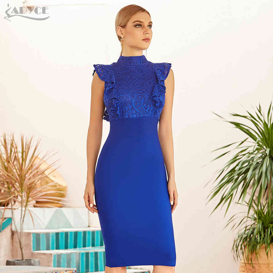 Summer Women Blue Lace Bodycon Bandage Dress Sexy Sleeveless Ruffles Midi Celebrity Runway Party Dresses Vestidos 210423