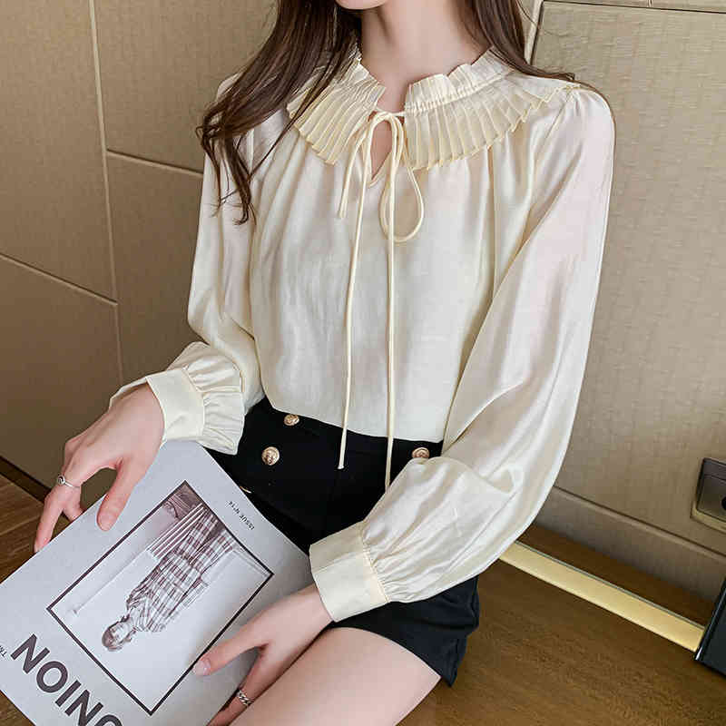 QOERLIN Apricot Ruffled Blouses for Women Elegant Korean Lace Up Bowtie Long Sleeve Loose Pleated Sleeve Chiffon Shirt Plus Size 210412