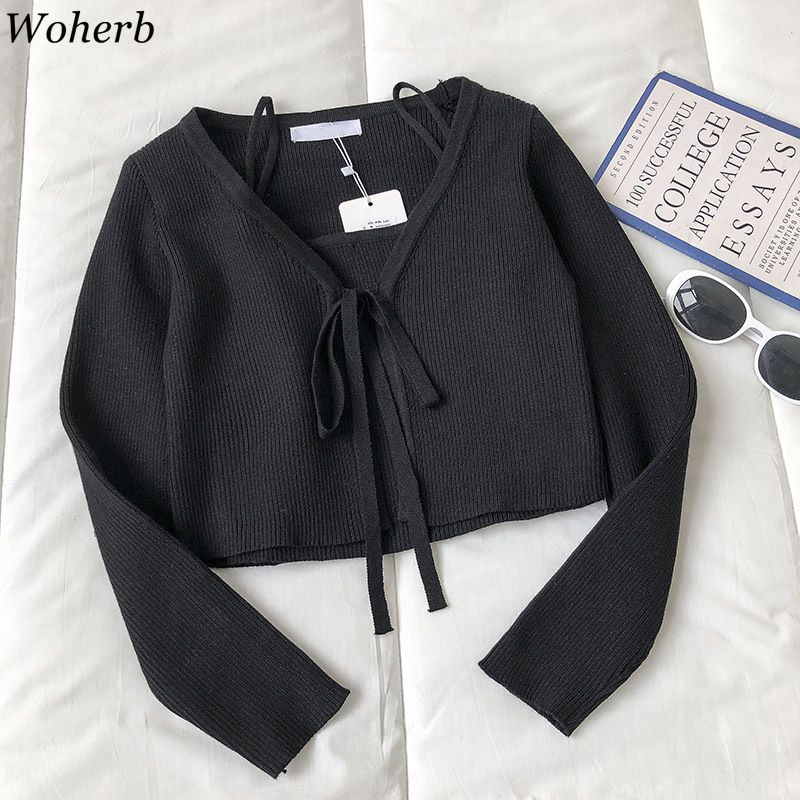 Korean Outfits Women Spring Summer Slim Two Pieces Set Bandage Knitted Cardigan + Vest Chic Fashion Solid Suit Femme 210519