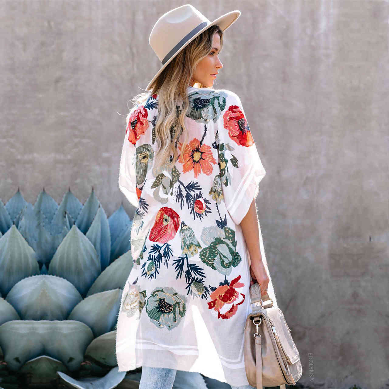 Boho Printed Bikini Cover-ups Sexy Short Sleeve Long Kimono White Tunic Women Summer Beach Wear Swim Suit Cover Up A874 210420