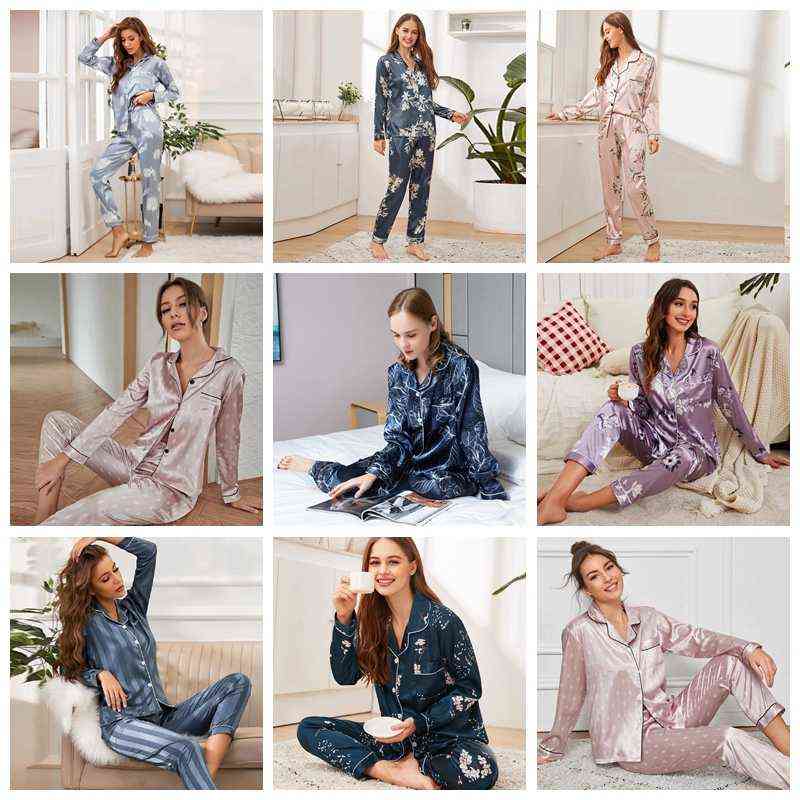 Spring Autumn Women's Pijamas Silk Satin Pajamas Set Long Sleeve and Trouser Pyjamas Suits Sleepwear Loungewear Female Mujer 211118