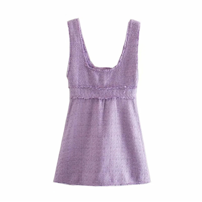 Women Sweet Spaghetti Strap Tweed Mini Dresses Double Breasted Chic Party A Line Tassel Purple Vestidos 210515