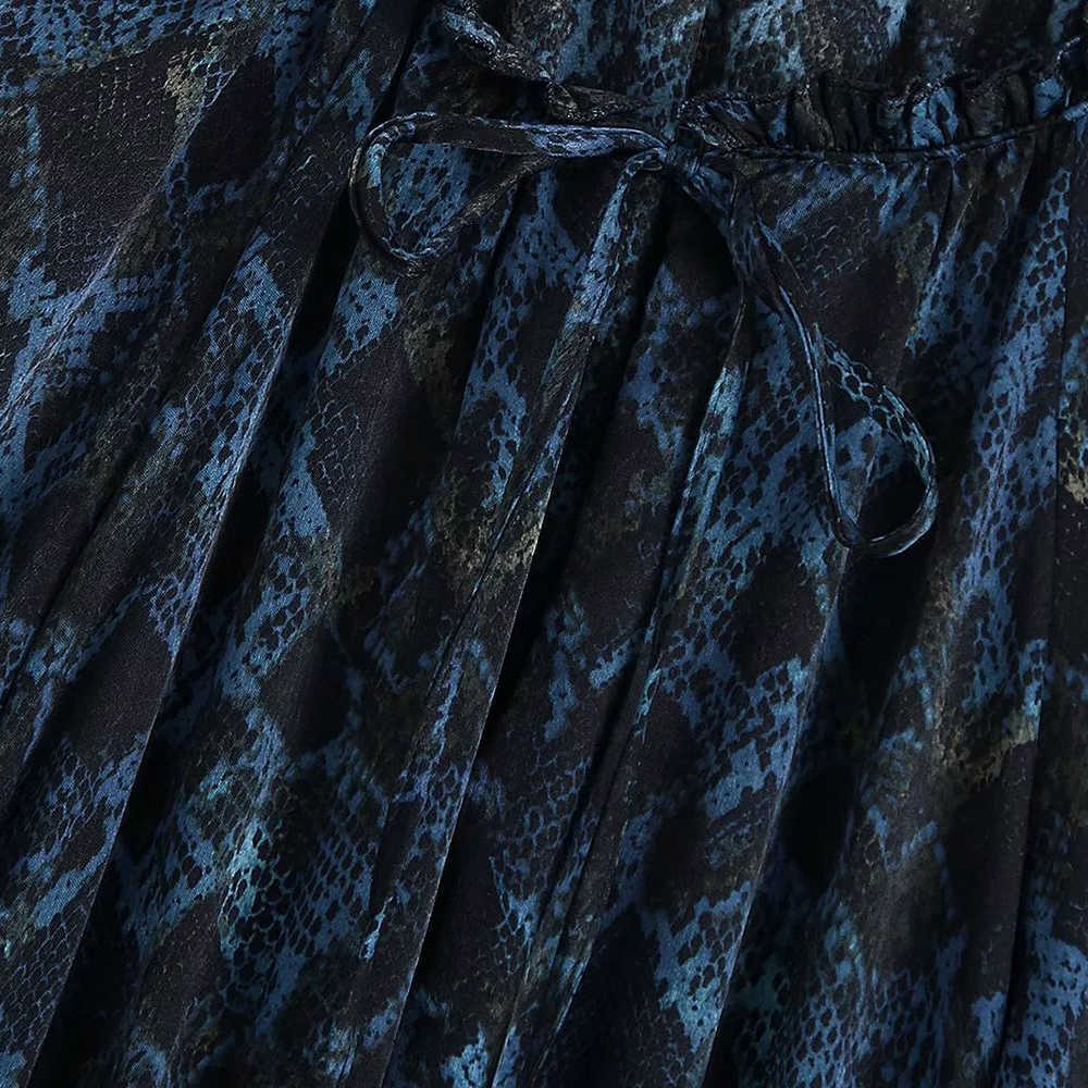 Women Dress With Belted Printed Long Sleeves Ruffled V-neck Midi Dress Vintage Elegant Chic Long Woman Dress 210709