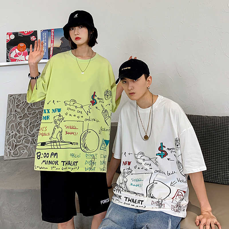 LIFENWENNA Loose Fit T Shirt Men Fashion Men's T-shirt Graffi Print Cotton Summer Short Sleeve O-Neck Tees Male Streetwears 210528