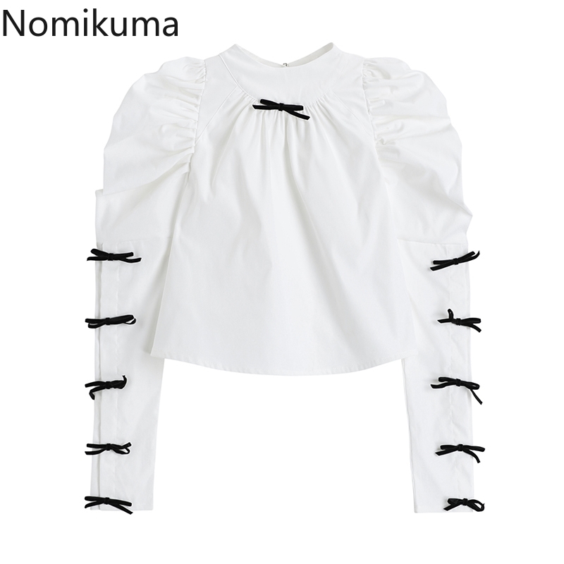 Nomikuma Bowknot Sweet Women Stand Neck Shirt Causal Puff Sleeve Elegant Short Blouse Spring Pullover Blusas New 6E760 210427