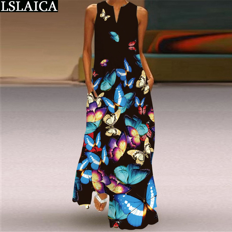 Woman Dress Sleeveless Print Casual Elegant Vintage Fashion A Line Plus Size Summer Streetwear Holiday Long es Ladies 210515