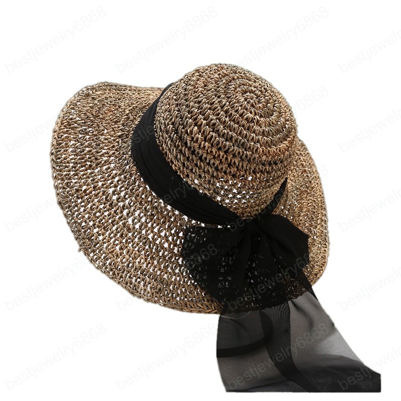 Spring Summer Bucket hat Woman Hand crochet Hats Fashion Women Beach Sun Cap Floppy Foldable Wide-brimmed Straw Hat