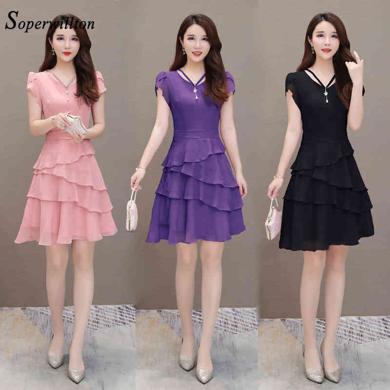 Summer Chiffon Dress Women V-Neck Solid Short Dresses Sweet Ruffle Sleeeve Slim New Casual layered Women Dress Plus Size 210409
