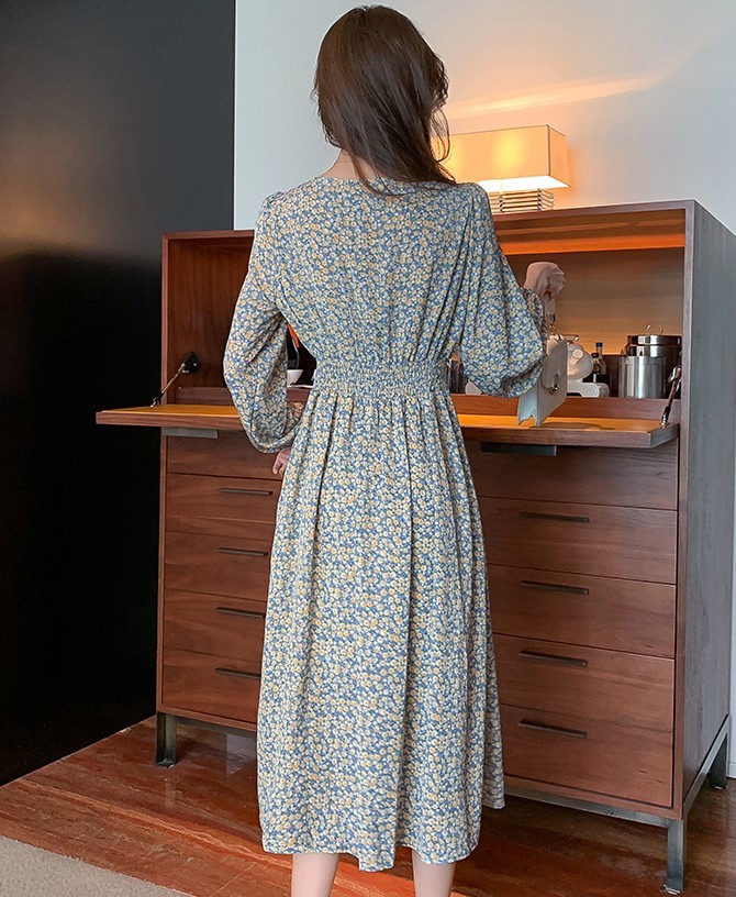 Spring Elegant Chiffon Dress for Women V-Neck Floral Print Female Long Sleeve A-line Midi Robe Vestidos 210519