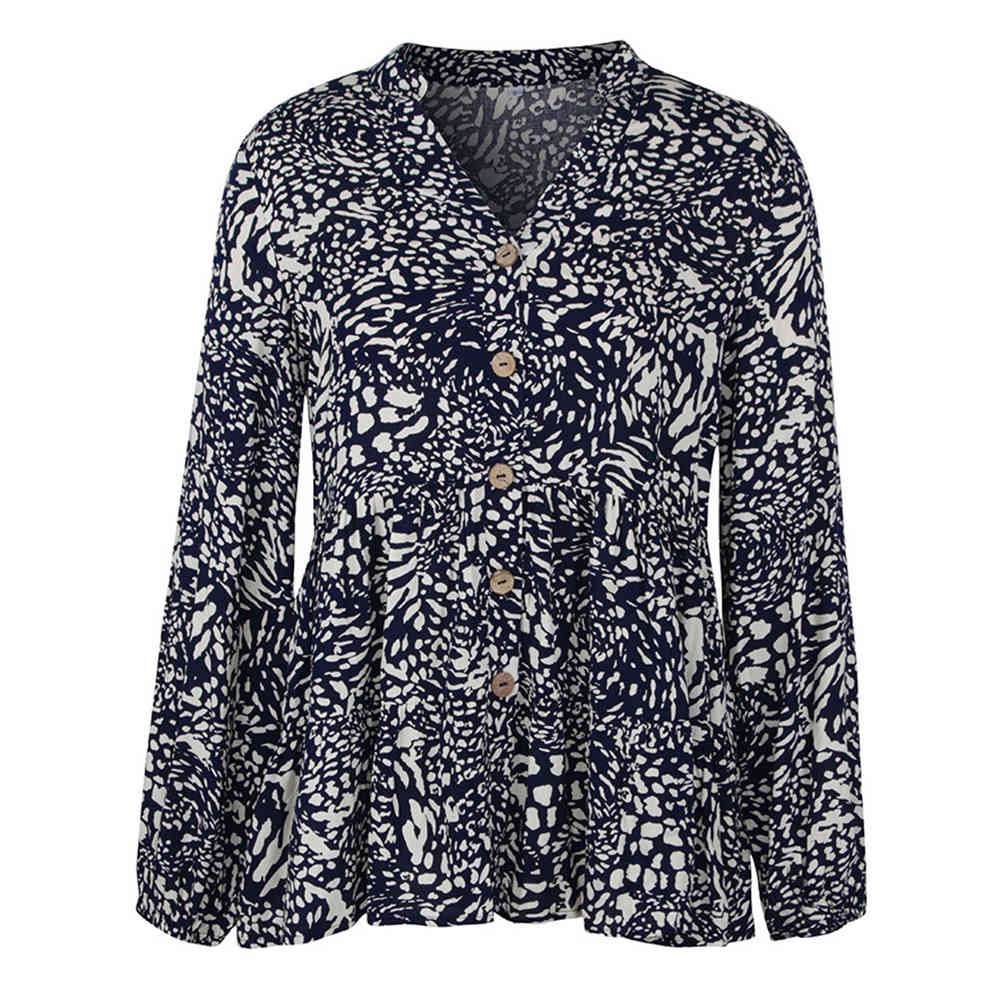 Women Shirts Blouses Autumn Spring Fashion Casual Loose Ladies White Floral Print V Neck Button Up Ruffle Tops New Arrival 210415