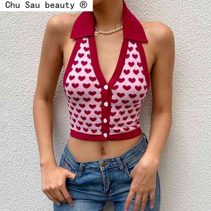 Beauty Knitted Vest Women's Breasted Lapel Love Halter Female Bottoming Top Fashion Vintage 210514