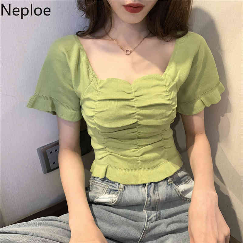 Neploe Shirts for Women High Waist Slim Crop Tops Square Collar Short Sleeve Knit Tshirts Sweet Ruffles Pleated White Tops Femme 210422