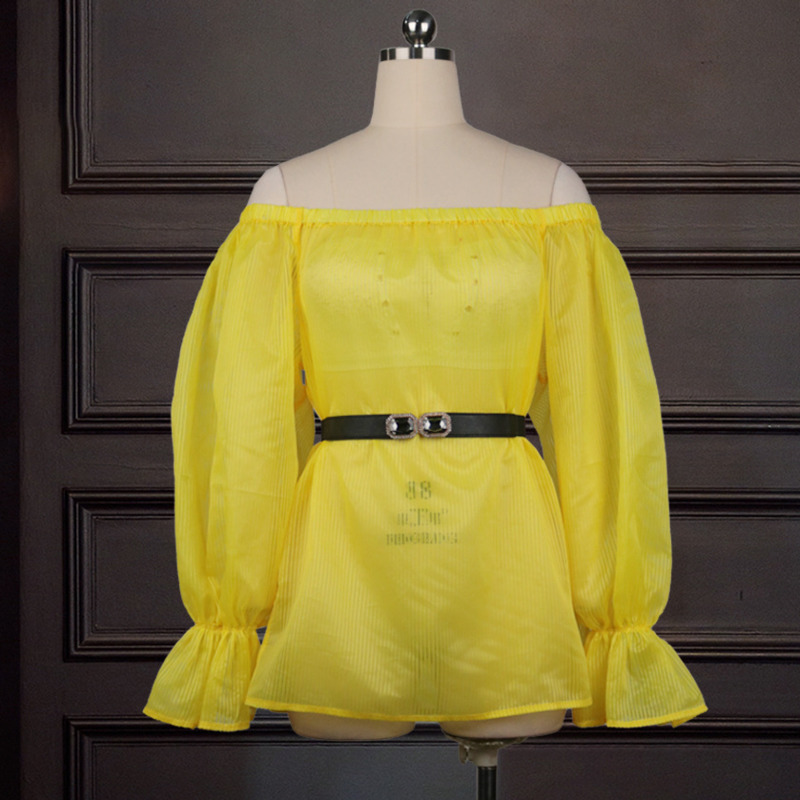 [DEAT] Sexy Slash Neck Stripe Yellow Lantern Sleeve Streetwear Shirt Top Plus Size Clothing Blouse Women Spring GX209 210428