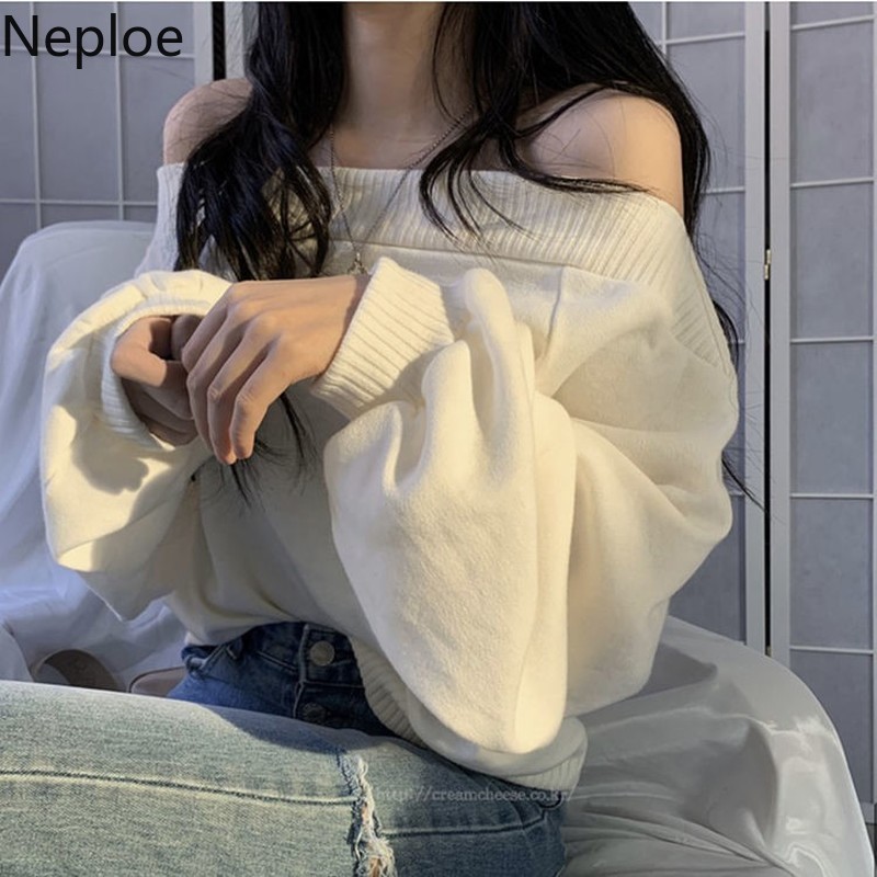 Neploe Temperament Slash Neck Sweaters for Women Korean Knitted Cropped Pullovers Sexy Off Shoulder Jumper Tops Female 4G516 210422