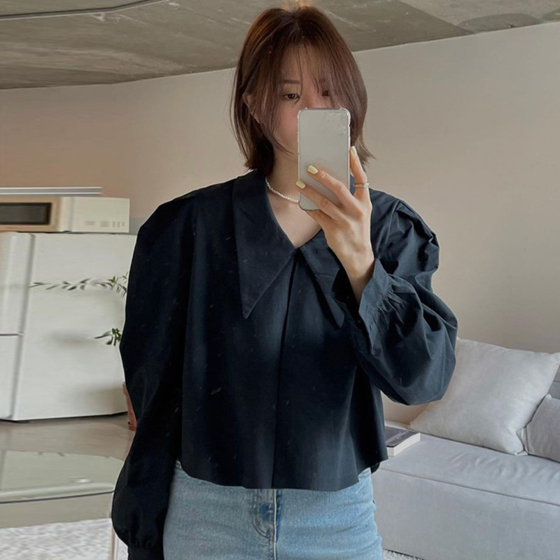 Nomikuma Causal Short Women Doll Shirt Puff Long Sleeve Peter Pan Collar Top Blouse Spring Ropa Para Mujeres De Moda 6E763 210427