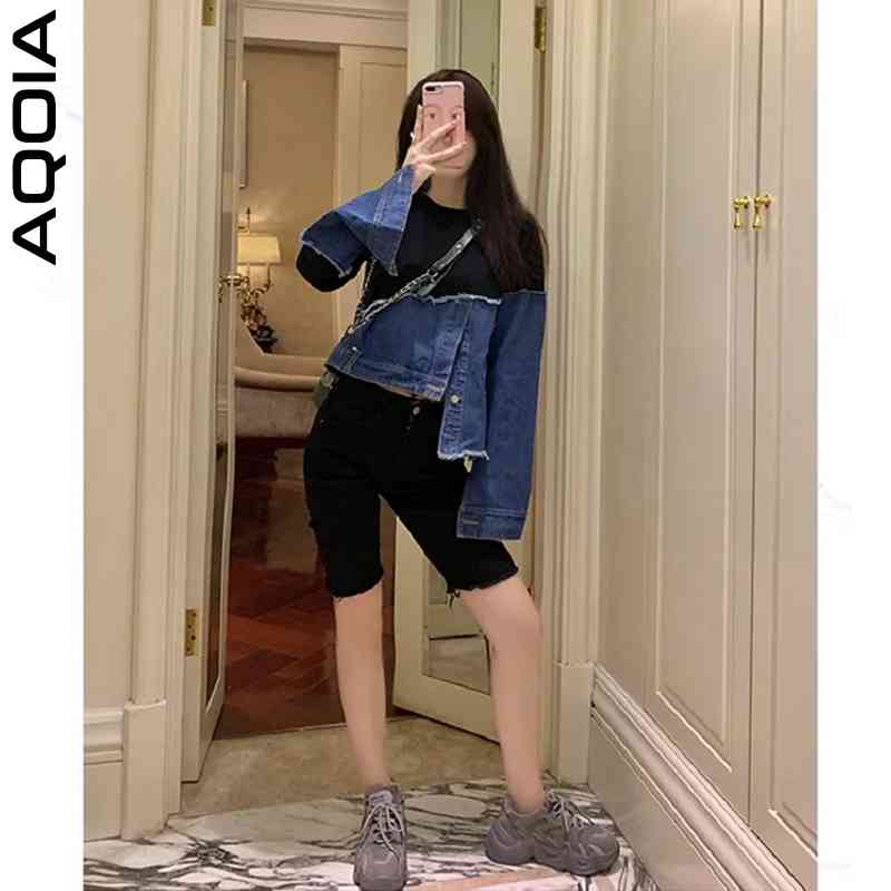 Autumn Streetwear Female Pullover Denim Patchwork Irregular Women's Sweatshirts Hoodies Sexy Long Sleeve Short Waman Sweatshirt 210521