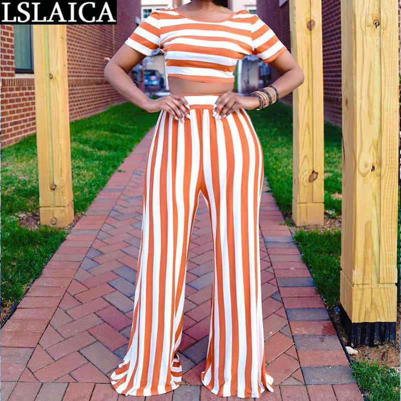 Fashion Women's Suit Short Sleeve Tops Wide Leg Pants Striped Print Set Woman 2 Pieces Summer Elegant Office Lady Two Piece 210520