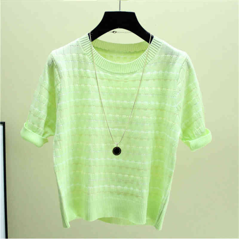 Big Size Casual Stripe Thin Women's Knitwear T-Shirt Korean Fashion Short Sleeve Knitted Tops Femlae Summer O-Neck Pullover Tees 210522
