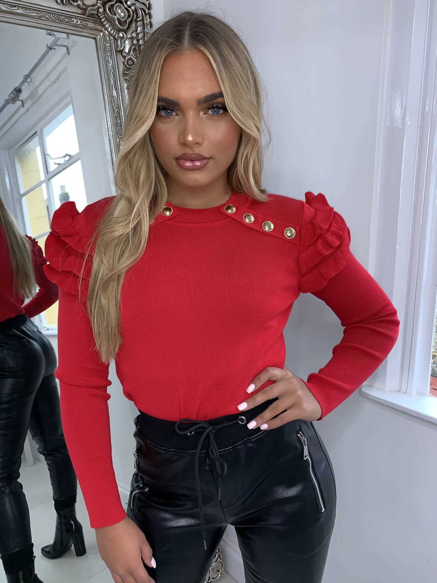 Ruffle Long Sleeve Button Thin Sweater Spring Skinny Elastic OL O Neck Tops Women Pull Vintage Blusas Red Ladies Femme 210526