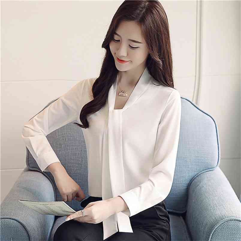 arrived women blouse autumn wear long sleeves bow tie Ribbon chiffon Korean style top slim blusa 1022 40 210506