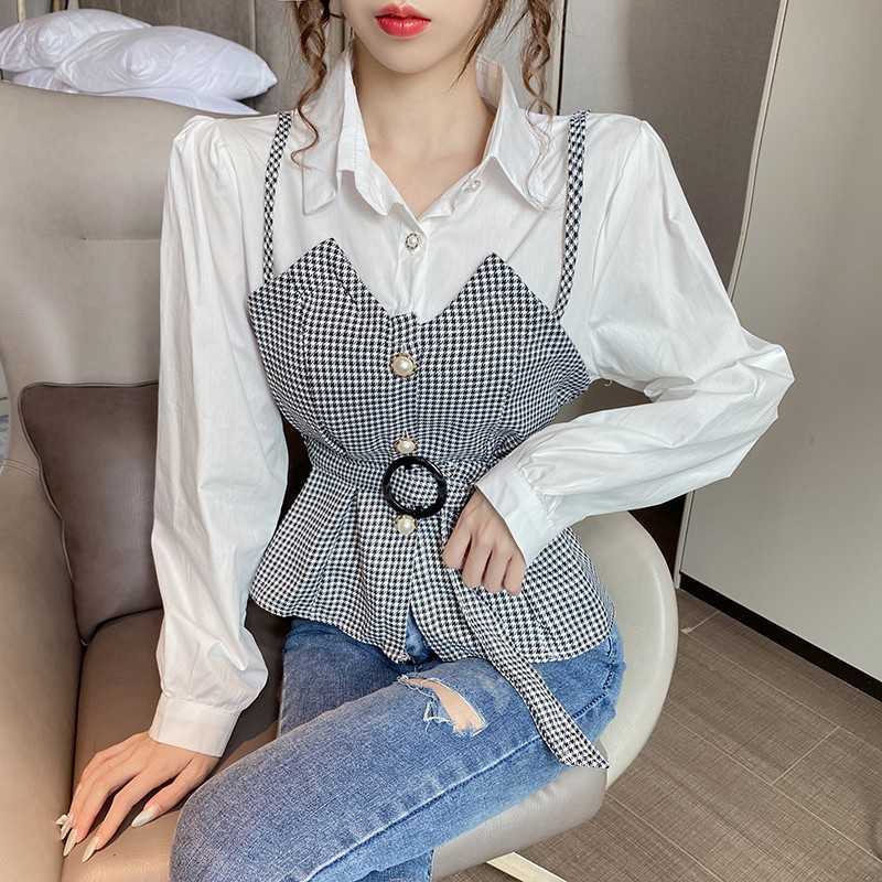 Fake Two Pieces Long Sleeve Patchwork Plaid Blouse Button Design Belt Elegant Shirts Female Korean Fashion Tops Women Spring 210526, Photo color
Fake Two Pieces Long Sleeve Patchwork Plaid Blouse Button Design Belt Elegant Shirts Female Korean Fashion Tops Women Spring 210526, Photo color