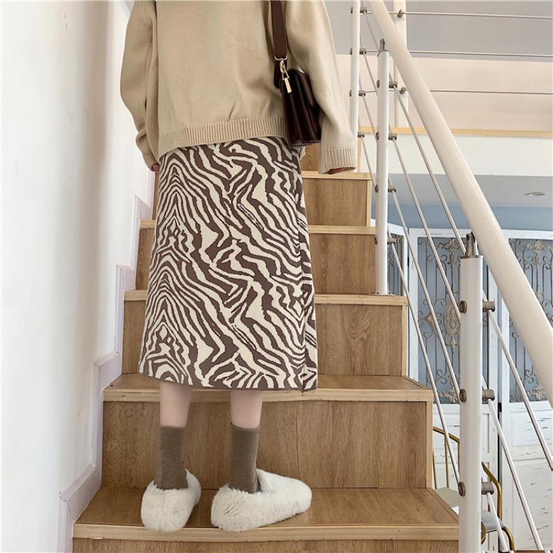 Nomikuma Korean Leopard Women Sweater Skirt High Waist A-line Split Knitted Skirts Autumn Winter Thick Faldas Mujer 6D077 210427
