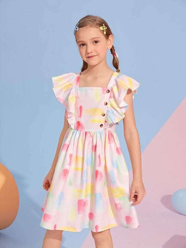 Girls Square Neck Button Front Ruffle Armhole Dress SHE