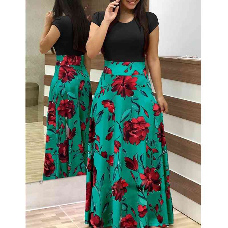 Vintage Floral Print Long Dress Women Summer Casual O Neck Short Sleeve Robe Elegant Ladies Tunic Maxi Plus Size S-5XL 210522