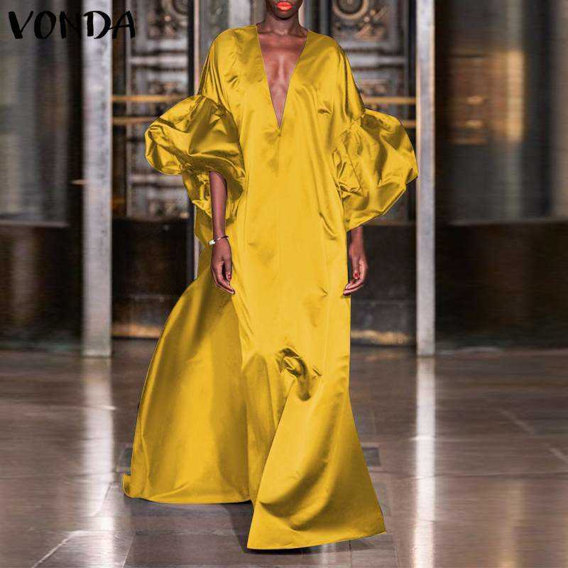 VONDA Women Summer Lantern Sleeve DrBohemian Vestidos Loose Solid Sexy V Neck Beach SundrFemme Plus Size Robe S-5XL X0529