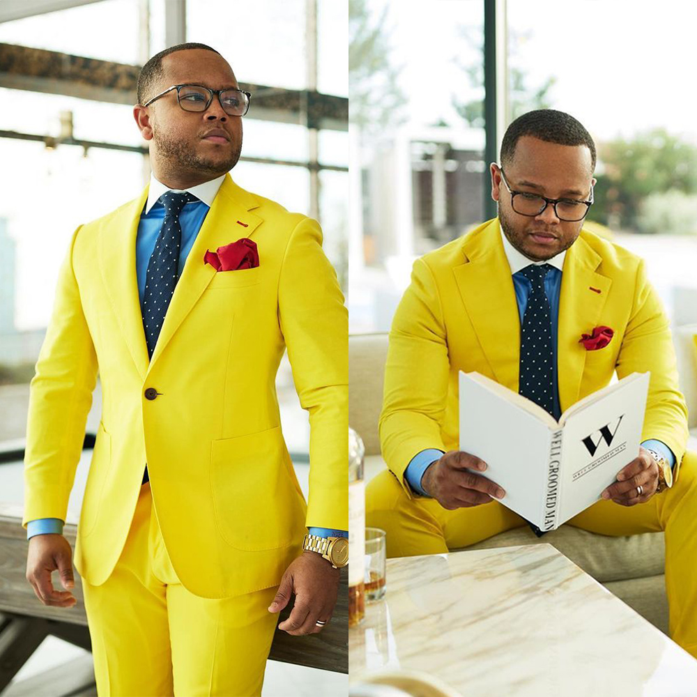 Plus Size Summer Tuxedos Bright Yellow One Button Mens Pants Suits Groom Wedding Prom Party Blazer Coat (Jacket+Pants)