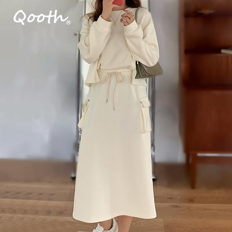 Qooth Woman Pullovers Women's Loose Sweatshirt Plain Color Tops Coat Cotton Skirt Woman A line Skirts Knitted Set QT389 210518, Khaki
Qooth Woman Pullovers Women's Loose Sweatshirt Plain Color Tops Coat Cotton Skirt Woman A line Skirts Knitted Set QT389 210518, Khaki