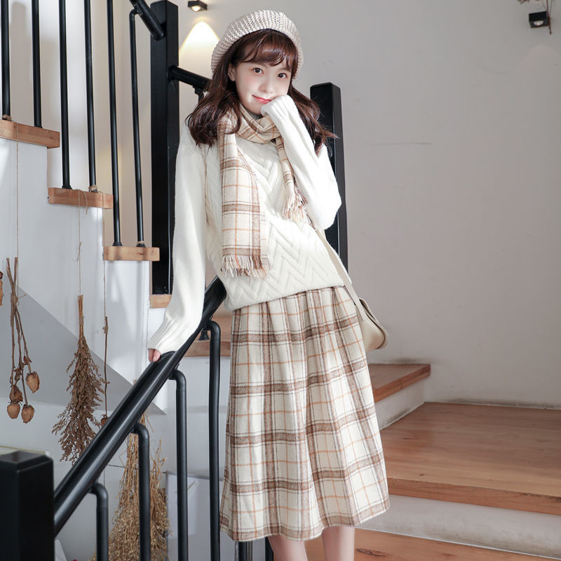 High Waist Vintage Plaid Midi Skirts Saia Mori Girl Cute Pleated Skirts Lolita Autumn Winter Women Skirt 210408