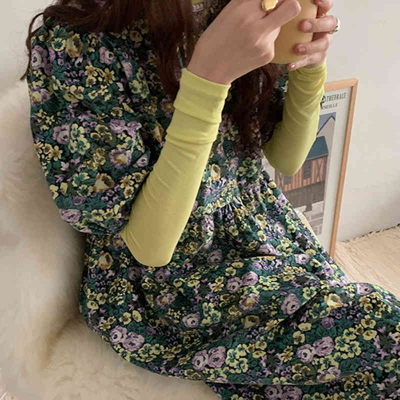 Spring Women's Vintage Korean Style Floral Long Dress O Neck Half Puff Sleeve Loose Casual Elegant Mid-Length Dresses D13104X 210416