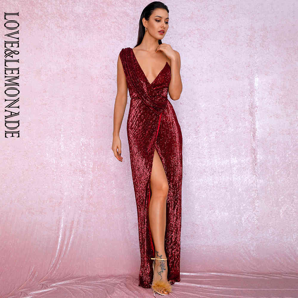 LOVE&LEMONADE Sexy Deep Red Deep V-Neck Whit Split Sequins Party Maxi Dress LM81849 210331