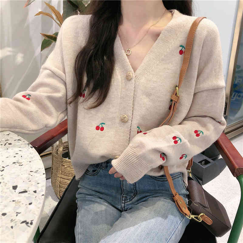 Nomikuma Korean Cherry Sweet Knitted Cardigan Jacket Autumn Long Sleeve V-neck Knitwear Causal Women Sweater Coat 6C851 210427