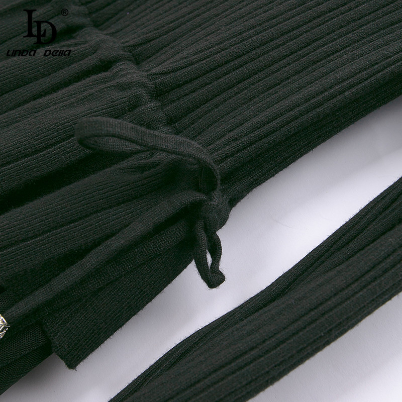 Summer Fashion Runway Dress Women Long Sleeve Knit Mesh Patchwork Asymmetrical Ladies Elegant Black Midi 210522