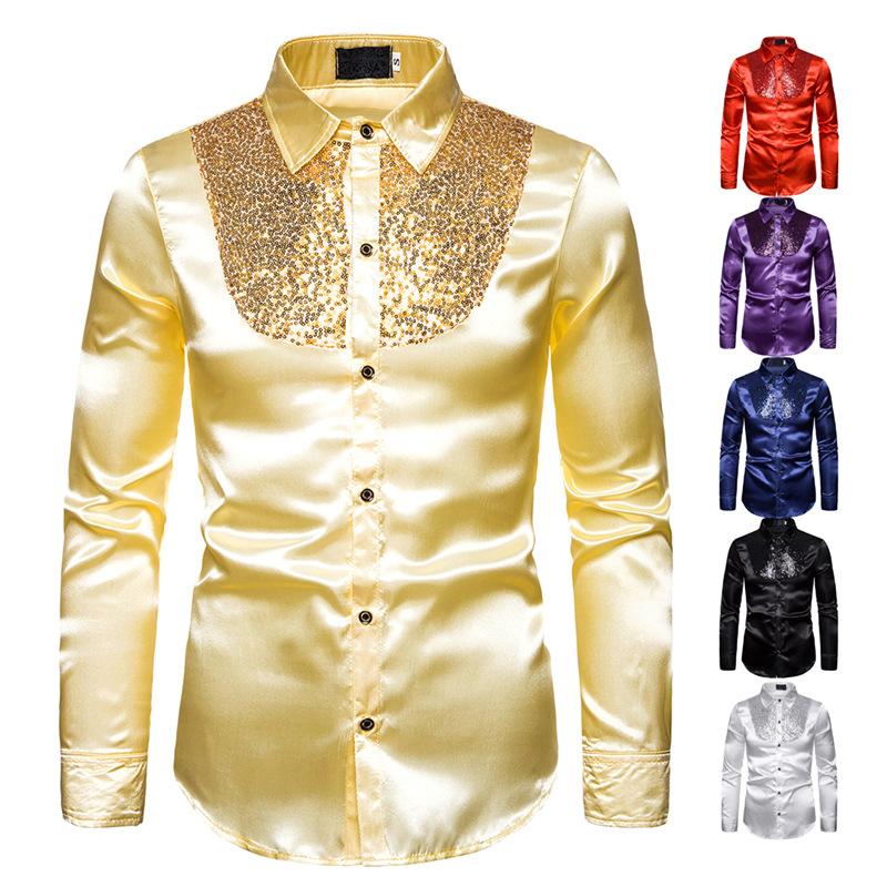 Men Top Stage Dance Men's Luxury Dress Shirt For Long Sleeve Silk Party Nightclub Prom Costume Casual Shirts