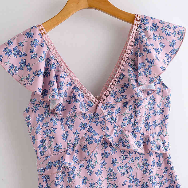 Women V Neck Floral Dress Ruffles Lace Patchwork Holiday Midi Summer Sleeveless Pleated Elegant Beach Vestidos Mujer 210515