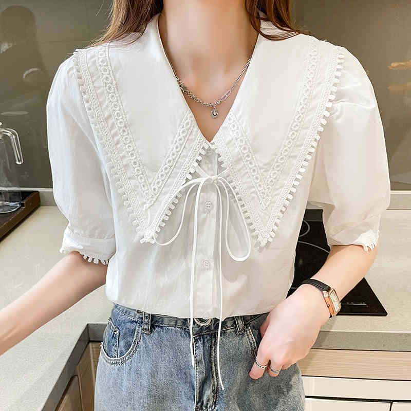 Comelsexy Spring/Summer Peter Pan Collar Blouse Women's Simple Lace Solid Color Short Sleeve Shirt Ladies Sweet Tops 210515