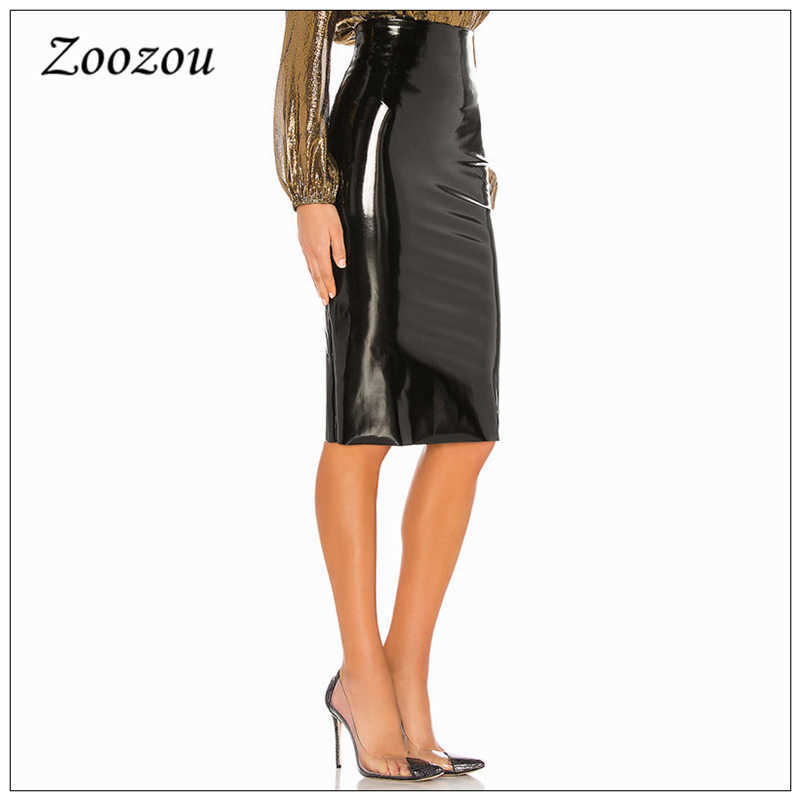High Waist Latex Patent Leather Pencil Skirt Women Elegant Back Slit Hem Office Lady Pu Knee Length Custom 210619