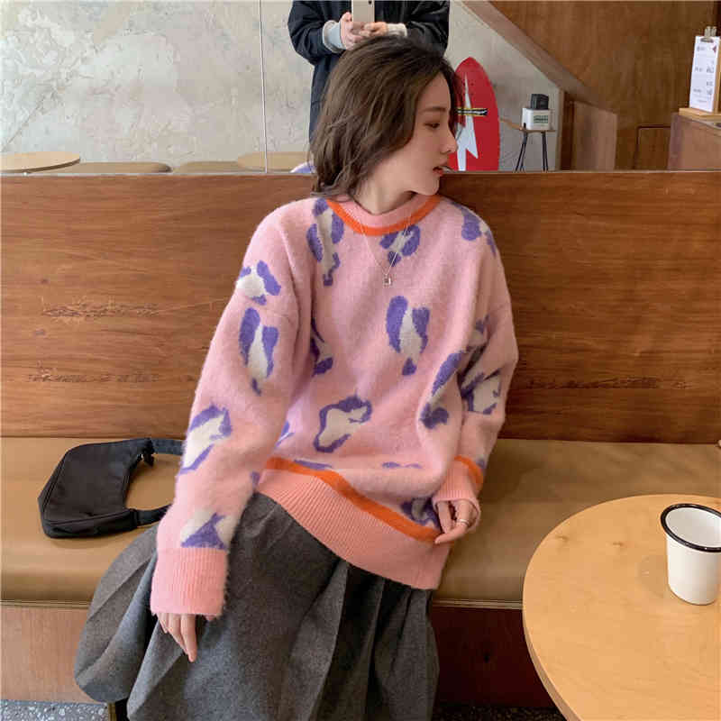 3Colors womens knitted Sweater Autumn and winter loose korean style female Leopard Sweaters and pullovers womens (C8200) 210423