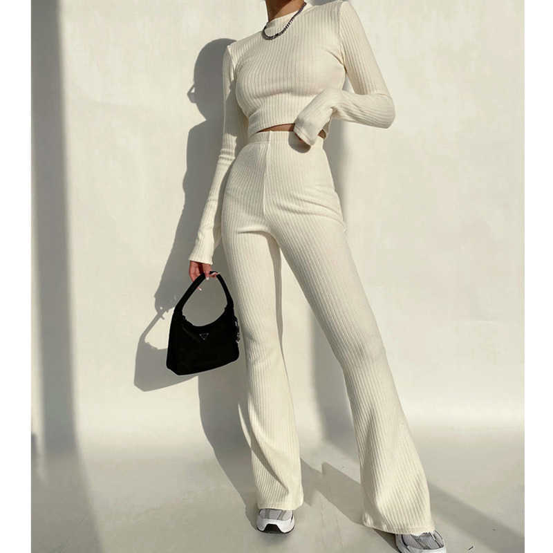 Women High Neck Ribbed Crop Top And Stretch Waist Flare Rrousers Co-ord Korean Sweater Tops + Pants Set QW54 210603