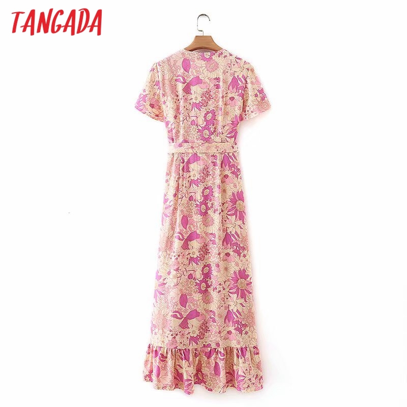 Summer Women Print French Style Ruffles with Slash Short Sleeve Ladies Midi Dress Vestidos 2M141 210416