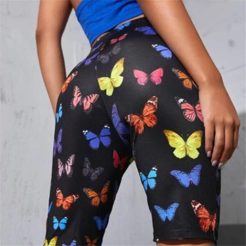 Women Trendy Butterfly Print Sport Biker Bag Hip Shorts Summer Jog Fitness Athletic Skinny Retro Stretchy Hop Women's
