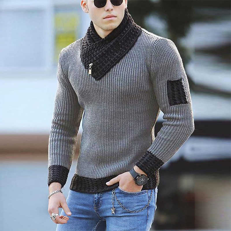 Casual Mens Slim Knit Sweater Autumn Winter Warm Turtleneck Jumpers Men Fashion Patchwork Long Sleeve Sweaters Streetwear 211018