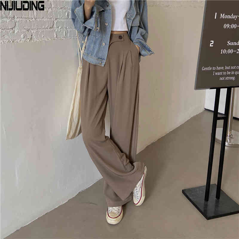Women's Loose Wide Leg Pants Autumn Spring Solid High Waist Side Button Long Trousers Female Office Lady Suit Straight Pant 210514