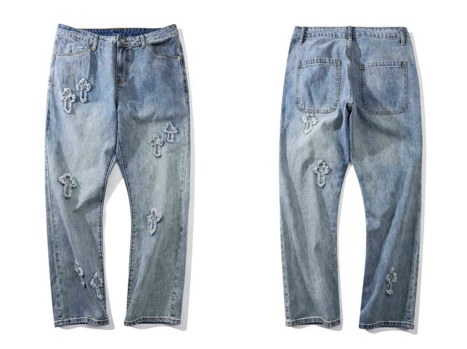 Men Fashion High Street Trousers Embroidery Cross Jeans Men/women Streetwear Loose Hiphop Casual Trousers Men Clothing 211120